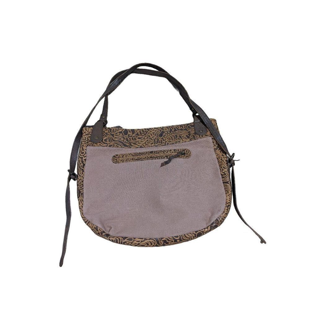 Sahalie Womens Brown Geometric Pattern Tooled Leather Canvas Convertible Handbag